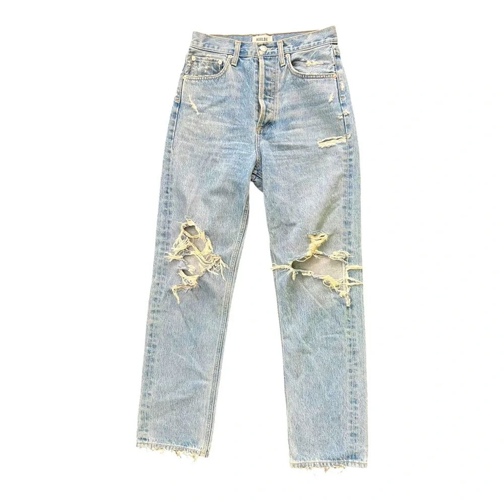 Agolde 90’s Jean Distressed Mid Rise Women’s Size 24X28 Light Blue Frayed Cotton - Picture 1 of 13